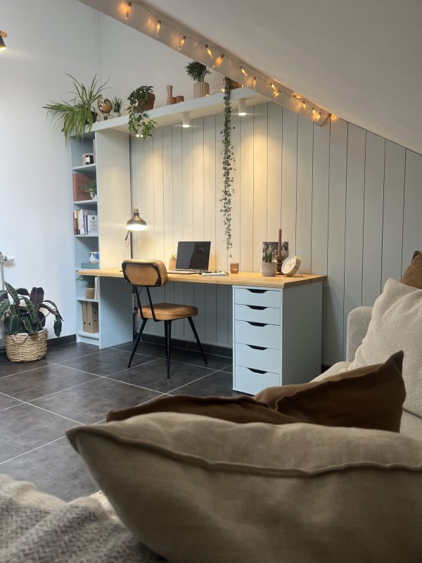 Relooking d'un bureau dans les combles par Oapi - Architecture d'intérieur - Emmanuelle Hubinon - Utilisation de planches de bois verticales pour faire un lambris et montrer de la hauteur - en bleu ciel pour apporter de la douceur et créativité - ajout de plantes, lumières et bibliothèque